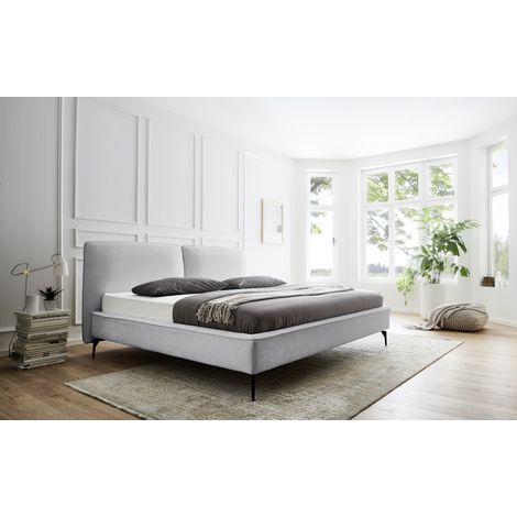 Meise Möbel Polsterbett Infinity 200x200 cm Doppelbett Bettgestell Kopfteil in Kissenoptik Webstoff Taubengrau Metallfuß schwarz (1/5)