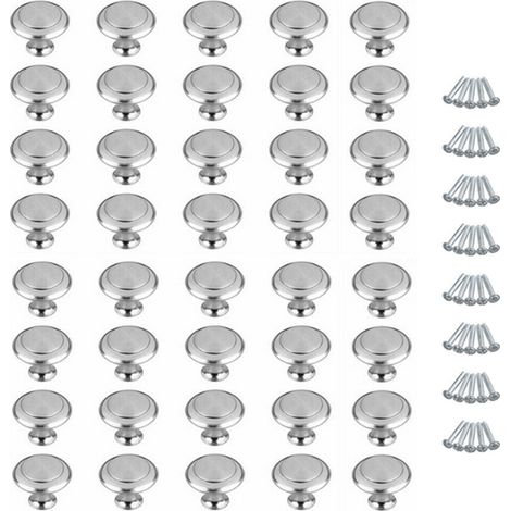 Lot de 40 boutons ronds argentés en acier inoxydable à un trou avec vis de fixation, pour portes de meubles et placards. (1/5)