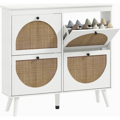 Meuble à chaussures 4 abattants 20 paires étagère réglable style bohème pieds en bois massif 105 x 24 x 97,5 cm blanc