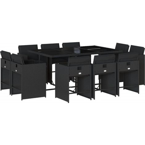 vidaXL Set da Pranzo da Giardino 11 pz con Cuscini in Polyrattan Nero (1/5)