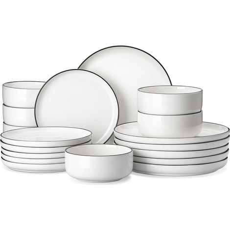 Série LUNA Service de Vaisselle Rond 18 Pièces en Porcelaine pour 6 Personnes avec Assiettes Plates, Assiettes à Dessert, Bols à Céréales, Service de Table Blanche avec Bord Noir (1/5)