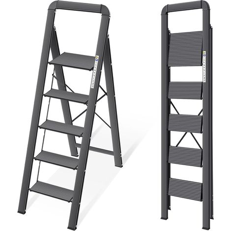 Escabeau 5 Marches Pliable en Aluminium Léger, Marche Pied Pliant avec Pédales Antidérapantes, Main Courante, Échelle pour Maison Cuisine Bureau, Gain de Place, Charge Maximale 150 kg, Noir (1/5)