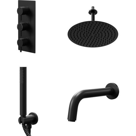 Colore Round Matt Black Concealed Triple Thermostatic Shower Valve with Diverter and 300mm Fixed Head with 150mm Ceiling Arm and Outlet Holder with Kit and Bath Spout - 3 Outlet (1/5)