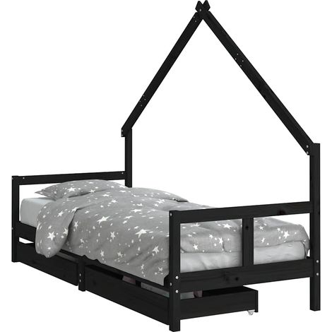 Lit simple Cadre de lit enfant tiroirs noir 80x200 cm bois de pin massif