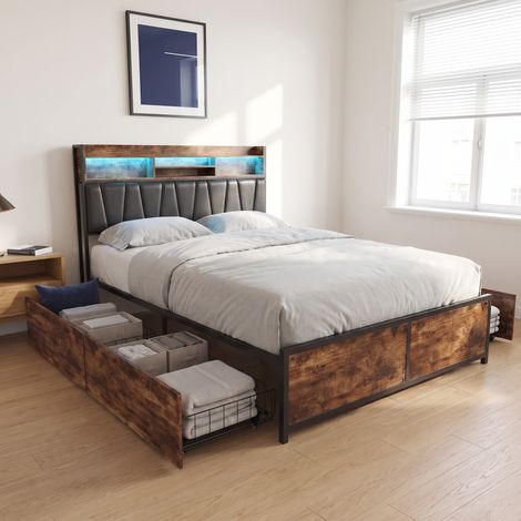 Lit double 180x200 cm avec 4 tiroirs et LED, lit adulte avec ports USB et tête de lit capitonné, style industriel, Noir (1/5)