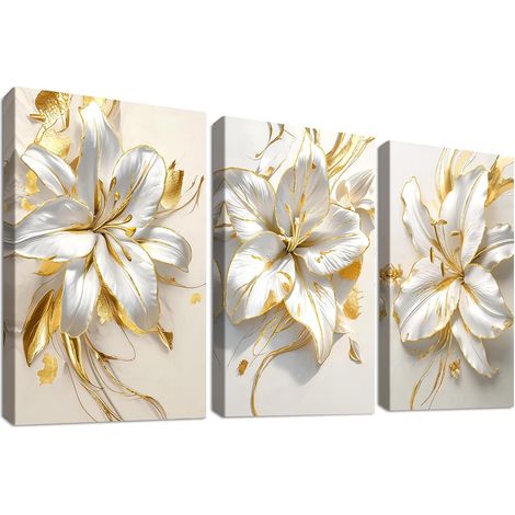 Quadri su Tela Fiori Gigli Moderni Set 3 Pezzi Oro 120x60cm (1/5)