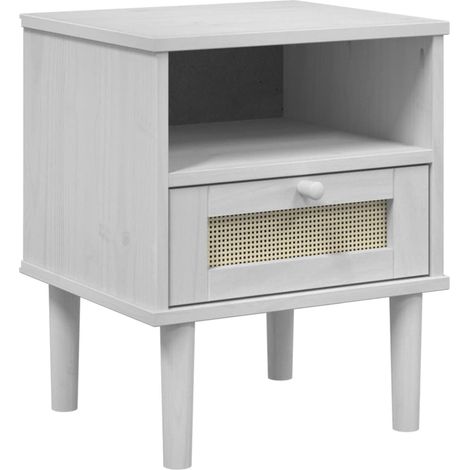 Mesita de noche con cajón y compartimento abierto 40 x 35 x 48 cmmadera de pino blanco y resina trenzada DEC034575