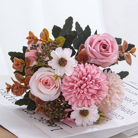Künstlicher Hortensien-Rosen-Strauß, 31 cm lang, geeignet für Tischdekorationen bei Hochzeiten, Küchendekorationen und als Fotorequisite, rosa.