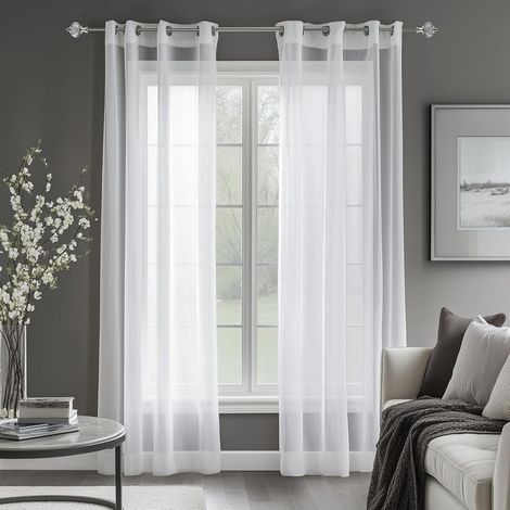 Set mit 2 weißen, leinenartigen, transparenten Gardinen mit Ösen, 140 x 240 cm, für Wohnzimmer, Schlafzimmer, Küche (1/5)