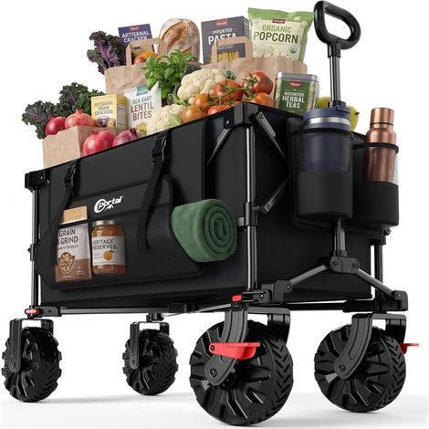 Chariot Pliable Camping XXL 250L 150kg Tout Terrain Roues 360° Capacité 250L, Charge 150kg, Roues tout-terrain 360°, Frein de pied, Poignée 90°, Pliage rapide (1/5)