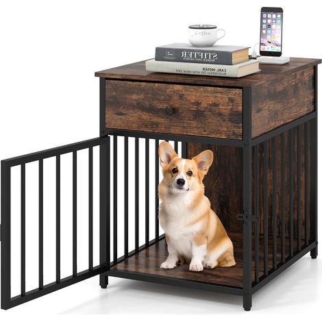 Cage pour chien avec tiroir de rangement 50 x 60 x 64 cm station de charge design moderne en métal bois marron