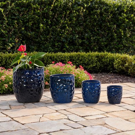 Set de 4 pots en céramique bleu profond Ø38 30 22,5 18 cm faits (1/5)