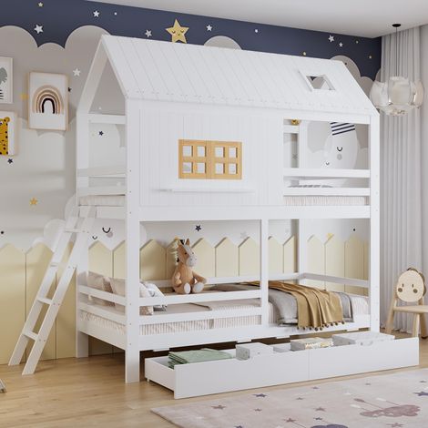 Lit superposé pour enfant, avec de jolies fenêtres et un toit, un sommier à lattes robuste et une échelle, ainsi que deux grands tiroirs. Pin + MDF + contreplaqué, blanc + naturel, 90x200cm, garant...