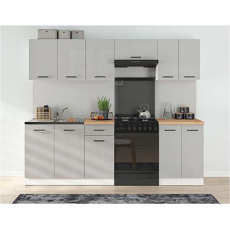 Cuisine complète 240 cm,Ensemble de meuble de cuisine coloris gris clair brillant, sans plan de travail (1/4)