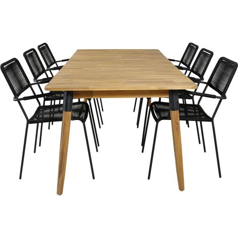 Julian Gartenset Tisch 100x210cm und 6 Stühle Armlehne Lindos schwarz, natur.
