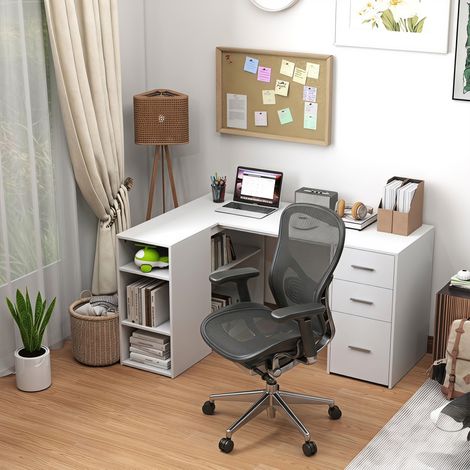 Bureau d'Angle Informatique en L, 3 Tiroirs, 5 Compartiments Ouverts, 140x100x75 cm, Blanc (1/5)