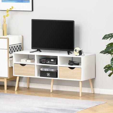 Mobile porta TV HOMCOM per televisori da 50", moderno tavolino per soggiorno/sala da pranzo con 2 cassetti e 4 scomparti, gambe in legno antiribaltamento, 117x39x57 cm, bianco e legno naturale. (1/5)