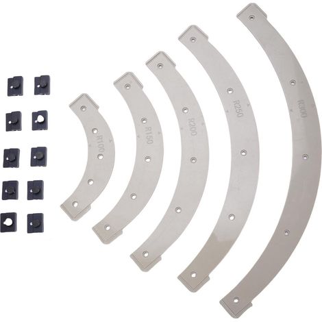 [JAMAIS UTILISÉ]Gabarits de rayon de défonceuse 5 pièces avec gabarit amovible R100 R150 R200 R250 R300, ensemble de gabarits d'angle en plastique pour le travail du bois (1/5)