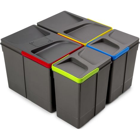 Emuca Contenedores para cajón de cocina Recycle con tapa anti olores, Altura 266, 2x15litros, 2x7litros, Plástico gris antracita