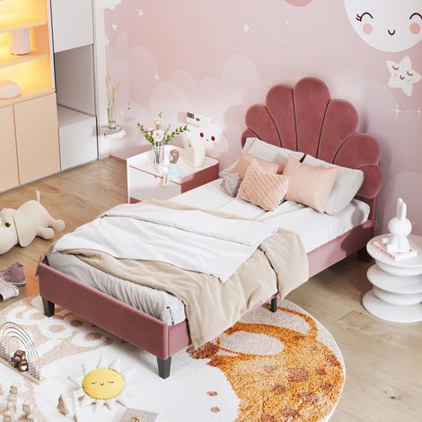 Lit simple capitonné 90x200cm, Lit simple avec sommier à lattes en bois massiflit rembourré en velours, Lit avec tète de lit en fommede pétales de fleurs, adapté aux enfants et adultes,Rouge (1/5)
