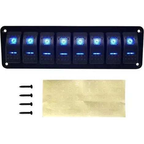 Tableau De Commande À Interrupteurs - 8 Voies - Aluminium - 12 V / 24 V - Pour Voiture Bateau Camion Remorque - Avec Autocollants Fluorescents Nuit (1/5)