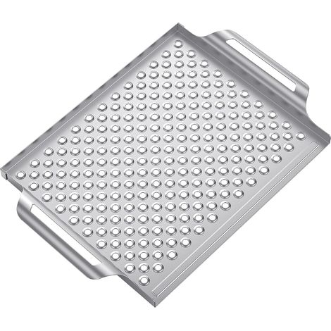 Panier à griller, poêle à griller perforée en acier inoxydable pour barbecue, avec poignée et rebord latéral, pour légumes, poissons et viandes. (1/5)