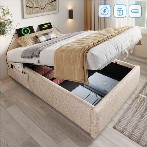 Lit Coffre - SOGEU - 90x200 - Sans tête de lit - Sommier bois massif - Ports USB/Type-C (1/5)