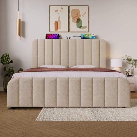Lit coffre 140x200 cm, tête de lit rembourrée, bandes dorées, USB et Type-C, rangement hydraulique, lin beige, sans matelas (1/5)