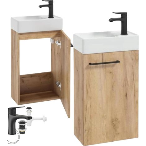 Wandhängender Badezimmerschrank mit einem 60x40 großen Waschbecken aus Craft-Eiche und einem schwarzen Small-Wasserhahn