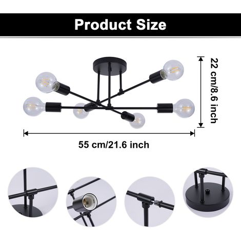 Ortviai Lustre suspendu moderne en métal noir 6 lumières, diamètre 55 cm, pour salle à manger, cuisine et salon (1/5)