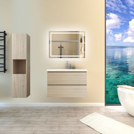 Ensemble de meubles de salle de bain Brillance Chêne 80cm, Vasque Céramique + 131.5cm Colonne + Miroir Lumineux Mural