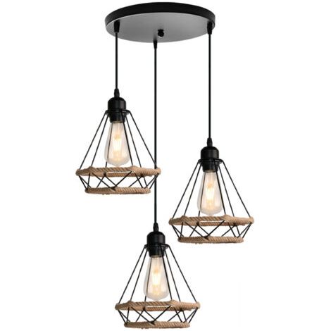 royaluxe- Plafonnier D'Intérieur Rétro Noir Suspension Luminaire En Corde De Chanvre 20CM Lustre Diamant 3 Lumières Suspension Lustre Vintage En Métal