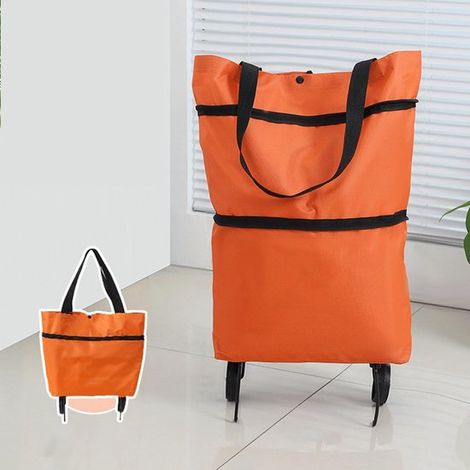 Sac de courses portable et pliable à roulettes, adapté aux courses en extérieur, peut contenir jusqu'à 15 kg (orange). (1/5)