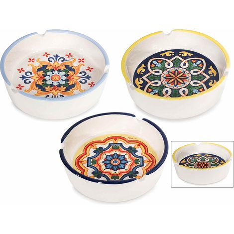 Posacenere in ceramica con stampa maiolica e bordo colorato, set da 6 pezzi, Ø 11,5 cm x 3,5 H