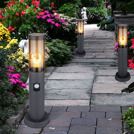 Außenstehlampe mit Bewegungsmelder Pollerleuchte Außen Sockelleuchte Gartenlampen anthrazit IP44, Edelstahl rauchfarben, 1x E27 Fassung, DxH 7,6x45cm, 3er Set