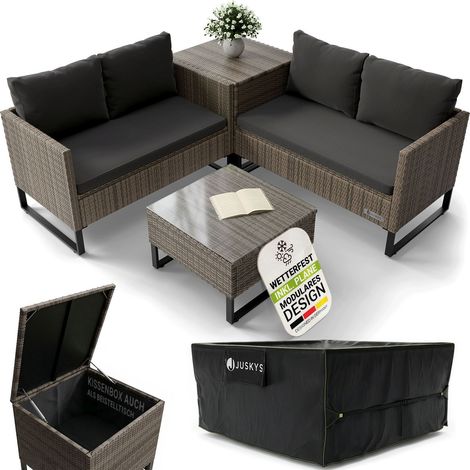 Juskys Outdoor Polyrattan Lounge Santorini inkl. Abdeckung - Gartenlounge mit Beistelltisch & Auflagenbox - Gartenmöbel Set Rattan Sitzecke wetterfest - Grau