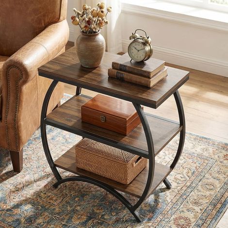 Tribesigns Narrow End Table, 3-Tier Side Table with Storage Shelves, Industrial Metal Frame Nightstand for Small Spaces, Living Room Bedroom, Rustic Brown, 60x30x60 cm