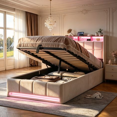 Cama con almacenamiento 90x200cm – Cama individual – Iluminación LED – Puerto USB – Cabecero tapizado – Base de láminas – Ropa de cama (1/5)