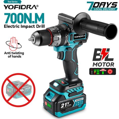 YOFIDRA Perceuse à percussion sans fil brushless 700 N·m – Tournevis électrique pour travail du bois et plaques, compatible batterie Makita