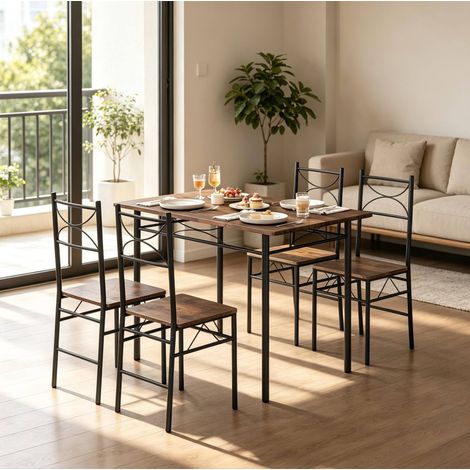 Esstisch-Set mit 4 Stühlen, MDF und Eisen, 110 x 70 x 76 cm, Rustikalbraun/Schwarz (1/4)