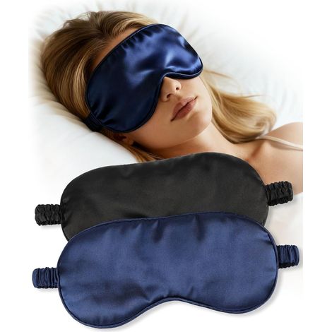 Lot de 2 masques de sommeil, masques en soie pour hommes et femmes, masques occultants avec sangle réglable et confortables, masques de sommeil pour les voyages, sieste en avion (noir, bleu marine) (1/5)