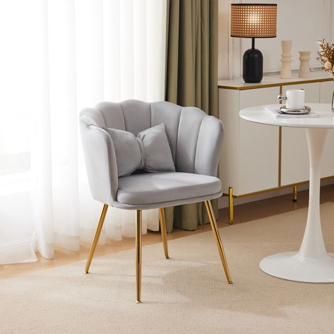 Fauteuil baignoire en velours moderne, chaise décorative rembourrée à dossier pétale, coussin papillon confortable, pieds métal doré, pour salon, chambre ou salle à manger