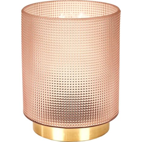 Altobuy – Lampe de chevet en verre fumé embossé rose – Socle doré – Abat-jour en métal – Dimensions 12x11,5xH16cm