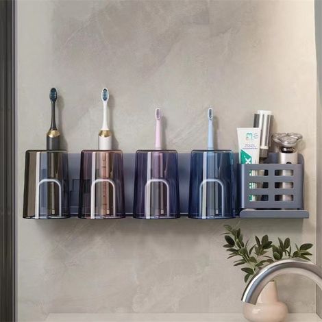 Porte-brosse à dents mural moderne et peu encombrant, avec compartiment de rangement et porte-gobelet, pour brosses à dents et électriques (1/5)