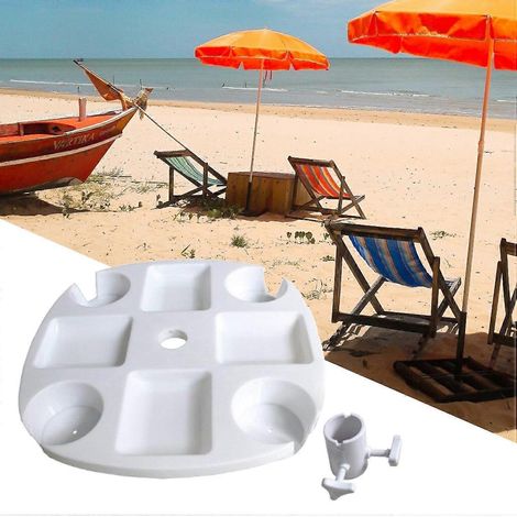 Plateau de table de plage avec parasol, 4 compartiments pour collations et boissons, idéal pour la plage, la piscine et la terrasse. (1/5)