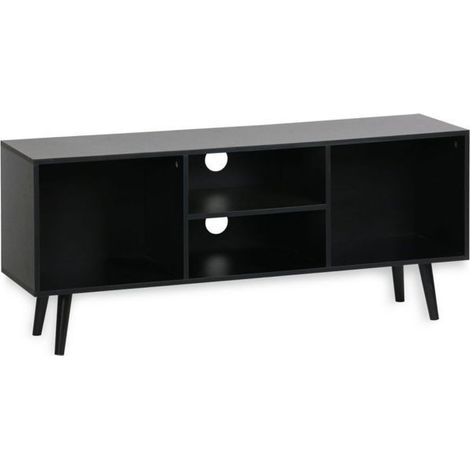 Meuble TV - JUANIO - Design scandinave et minimaliste - Finition noire - 110x29x47 cm - Compartiments ouverts & passe-câbles (1/4)