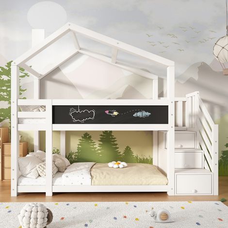 Lit Superposé-Lit Cabane-Bibliothèque-Tableau-Charnière Blanche-256x96x223(cm)-sans matelas (1/5)