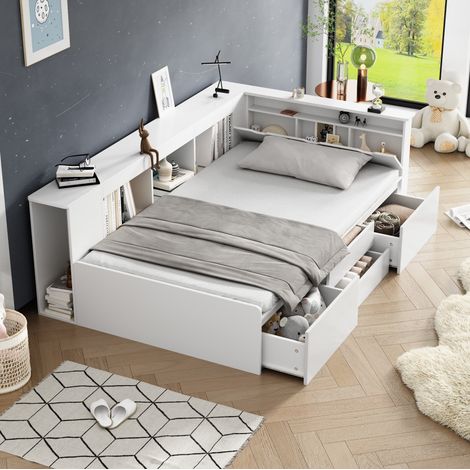 CHICFURN Cama infantil individual 90x200 cm de MDF blanco con almacenaje, sin colchón (1/5)