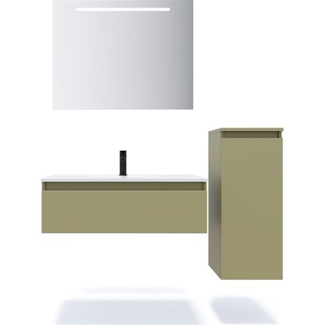Meuble de salle de bain suspendu vasque intégrée 90cm 1 tiroir Vert olive + miroir + colonne ouverture droite - Hudson (1/5)