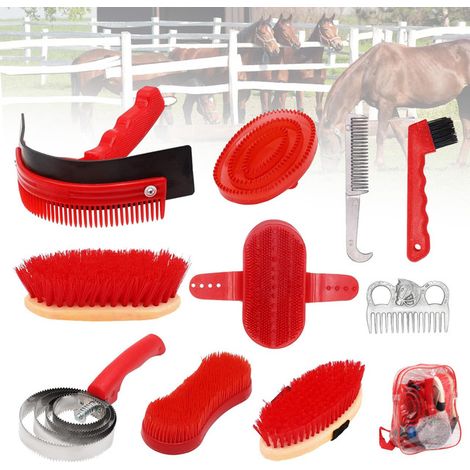 Kit de Toilettage pour Cheval 10 Pièces - Brosse, Étrille, Peigne et Cure-Pied - Matériel de Nettoyage et Soin Équin Rouge (1/5)